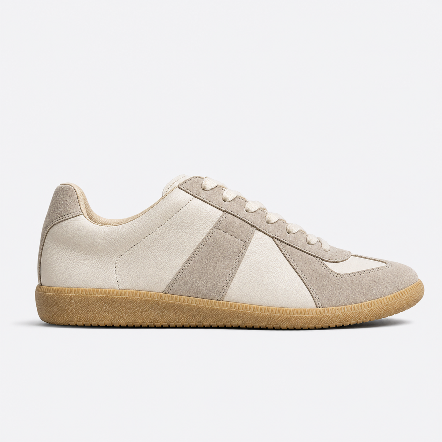 Beige Gum GAT leather and suede low-top trainer side view