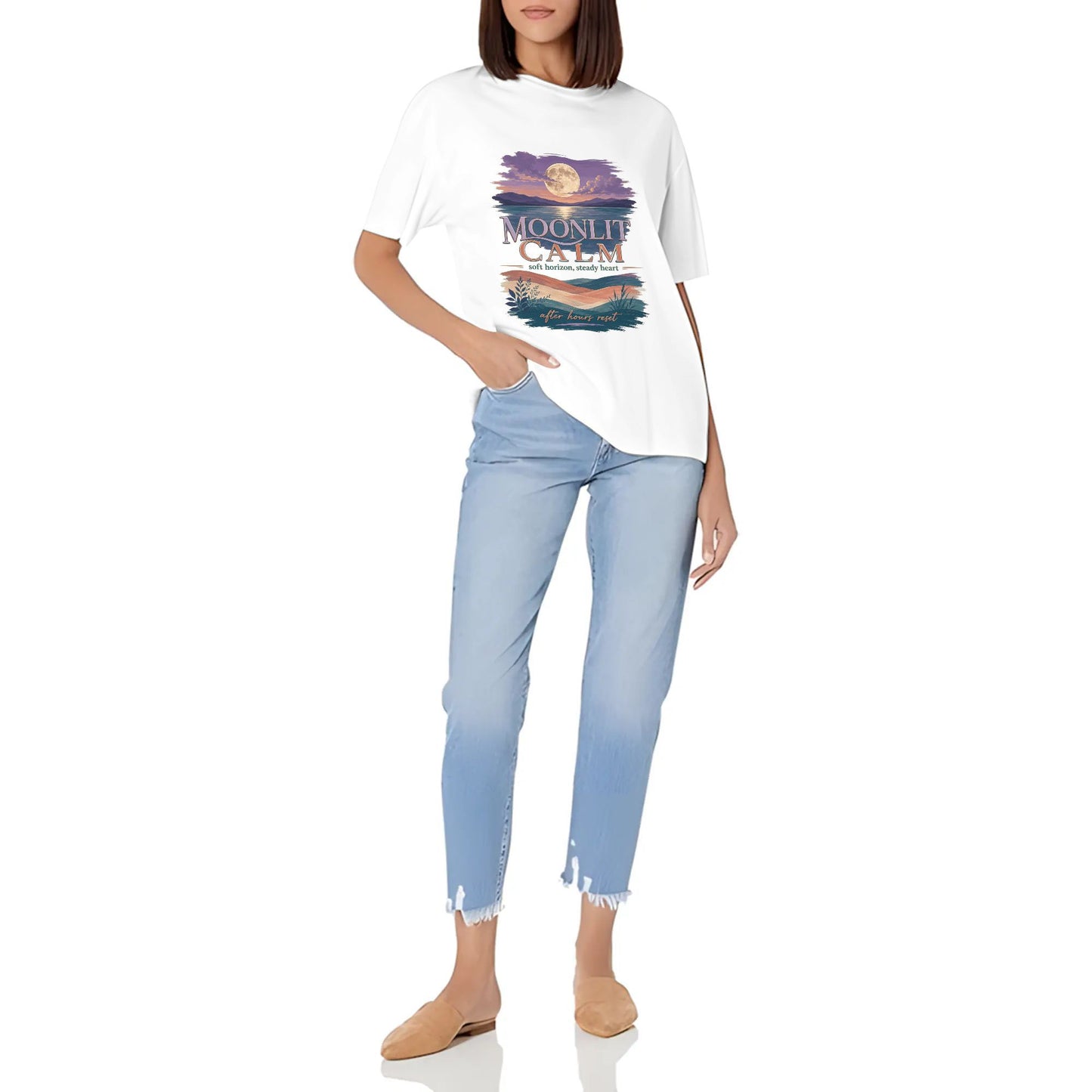 Women's Casual Crew Neck Short Sleeve T-Shirt Moonlit Calm Horizon Graphic Cotton Tee for Everyday Outfits product image 7