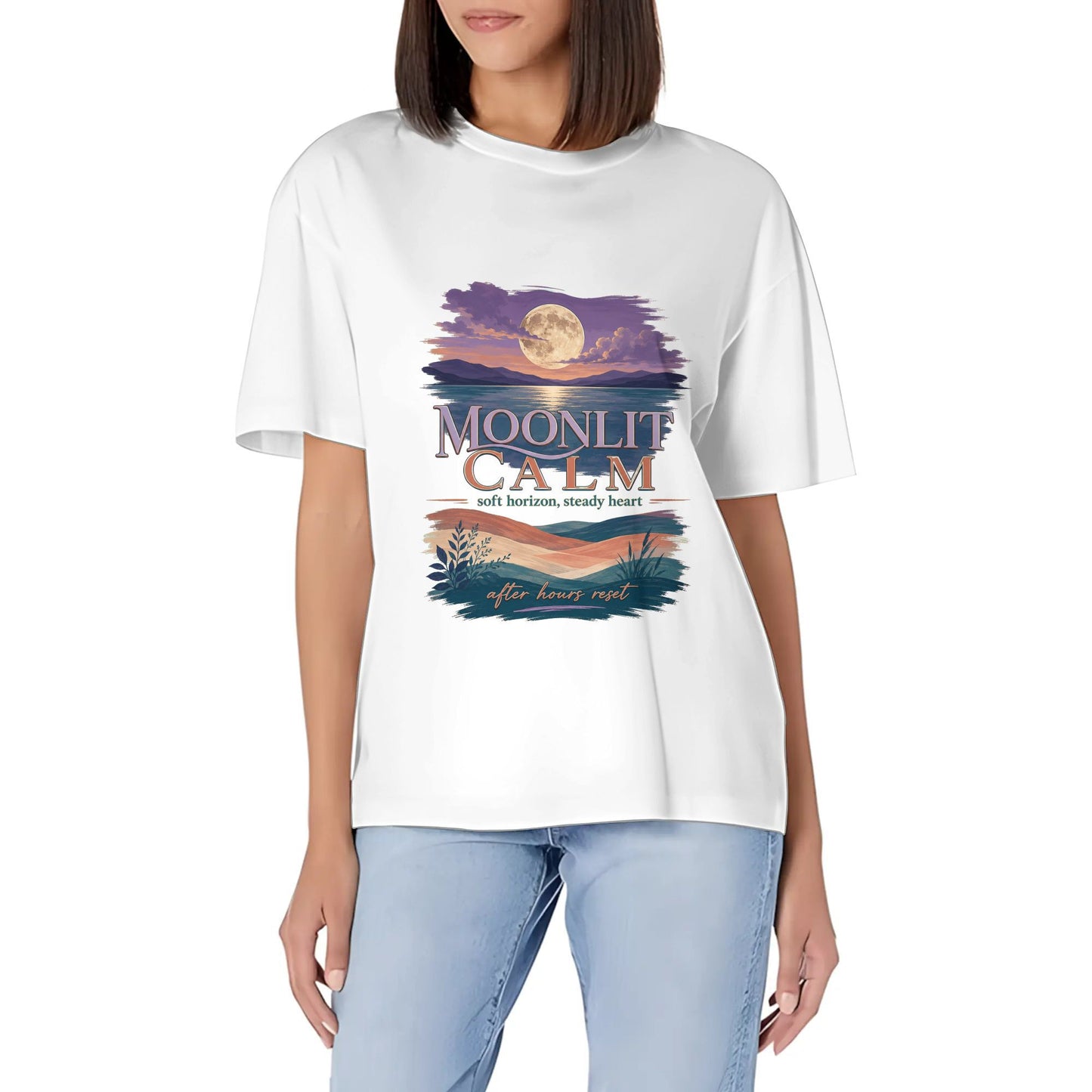 Women's Casual Crew Neck Short Sleeve T-Shirt Moonlit Calm Horizon Graphic Cotton Tee for Everyday Outfits product image 6