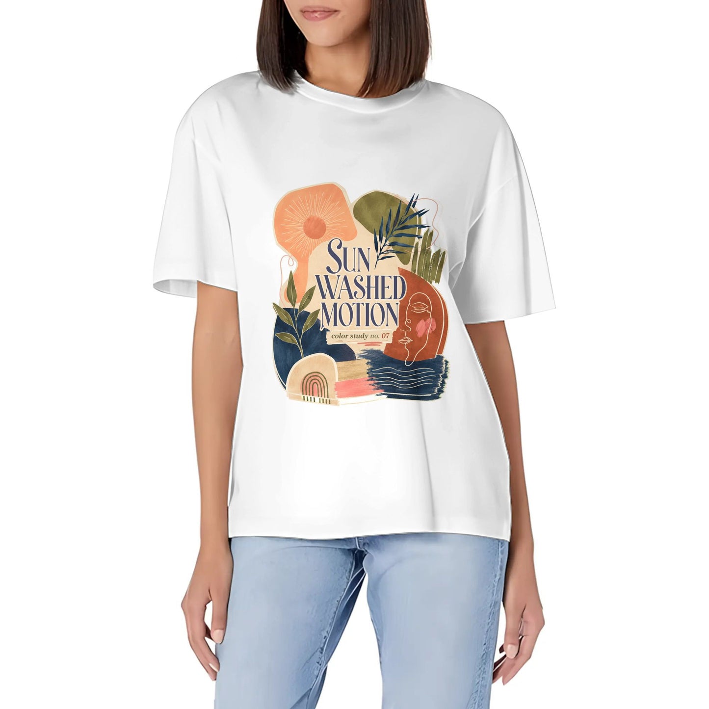 Women's Casual Crew Neck Short Sleeve T-Shirt Abstract Orange Blue Color Graphic Print Graphic Cotton Tee for Everyday Outfits product image 6