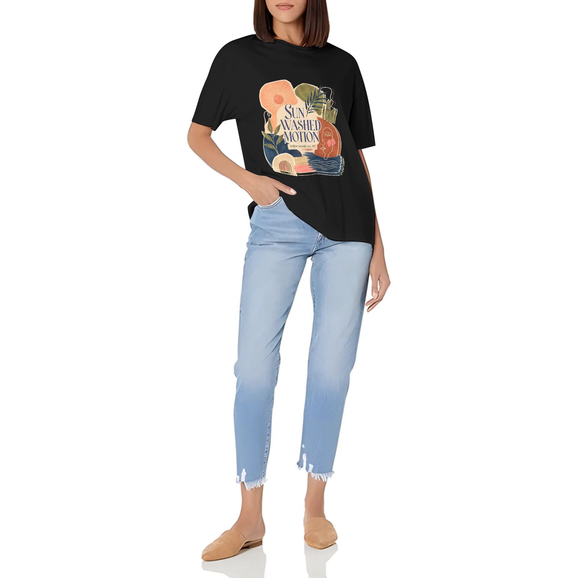 Women's Casual Crew Neck Short Sleeve T-Shirt Abstract Orange Blue Color Graphic Print Graphic Cotton Tee for Everyday Outfits product image 2