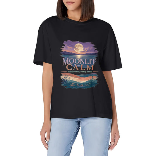 Women's Casual Crew Neck Short Sleeve T-Shirt Moonlit Calm Horizon Graphic Cotton Tee for Everyday Outfits product image 1