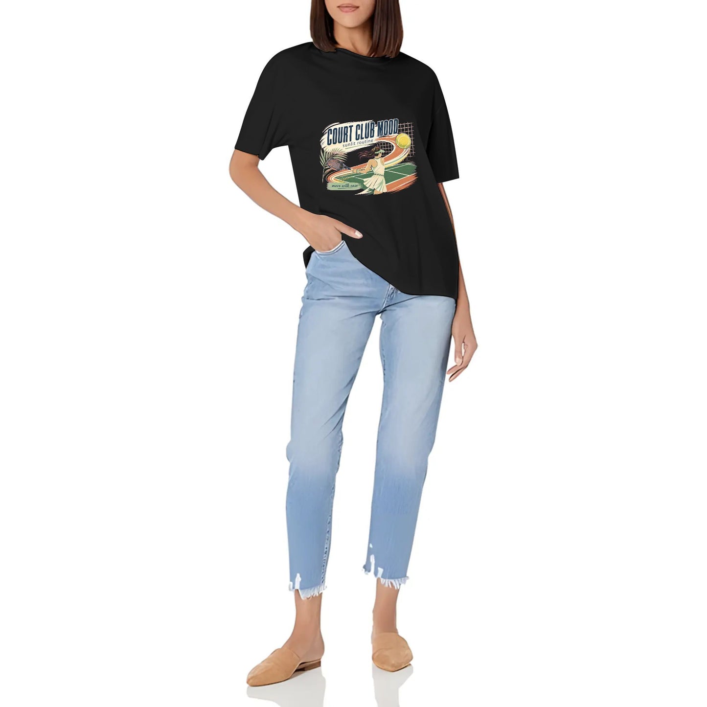 Women's Summer Short Sleeve T-Shirts Abstract Yellow Teal Color Graphic print Crew Neck Casual Cotton Shirt product image 2