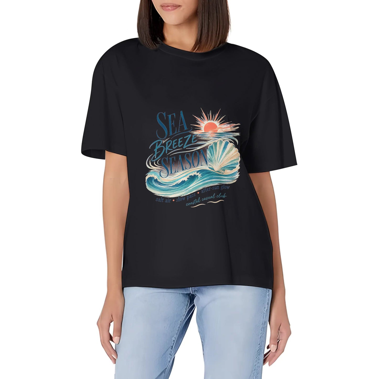 Women's Short Sleeve Graphic Crew Neck Casual Shirt Abstract Teal Blue Color Graphic Print Printed Casual Cotton T-Shirt product image 1