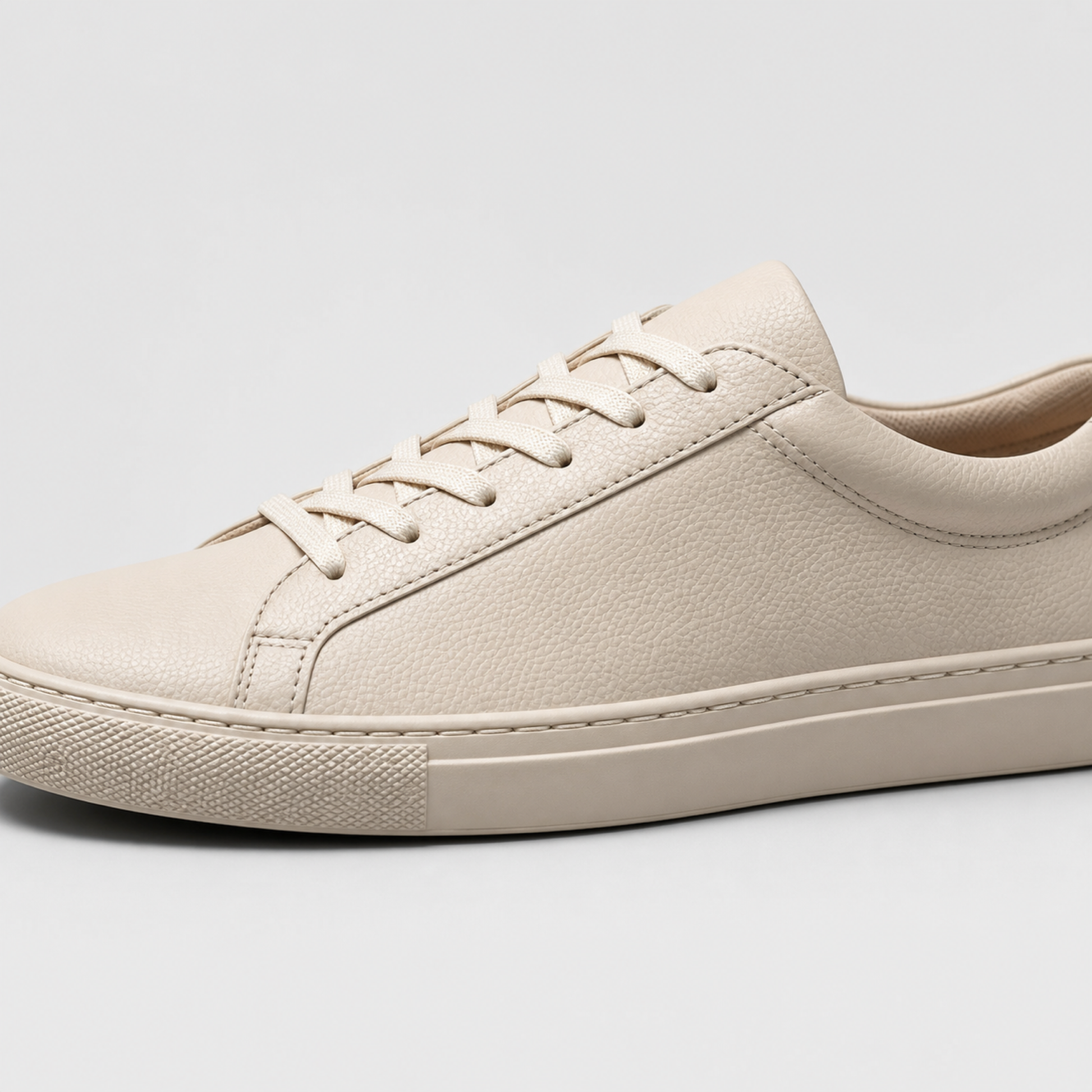 Beige classic leather low-top sneaker leather and construction detail