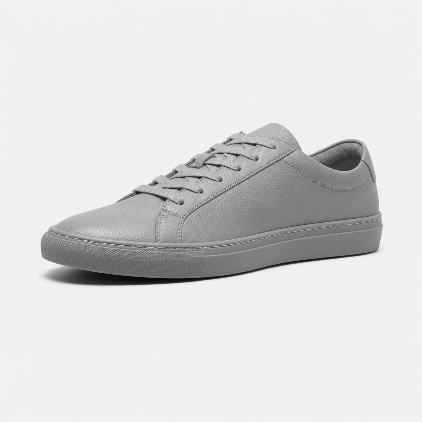 Grey classic leather low-top sneaker three-quarter view