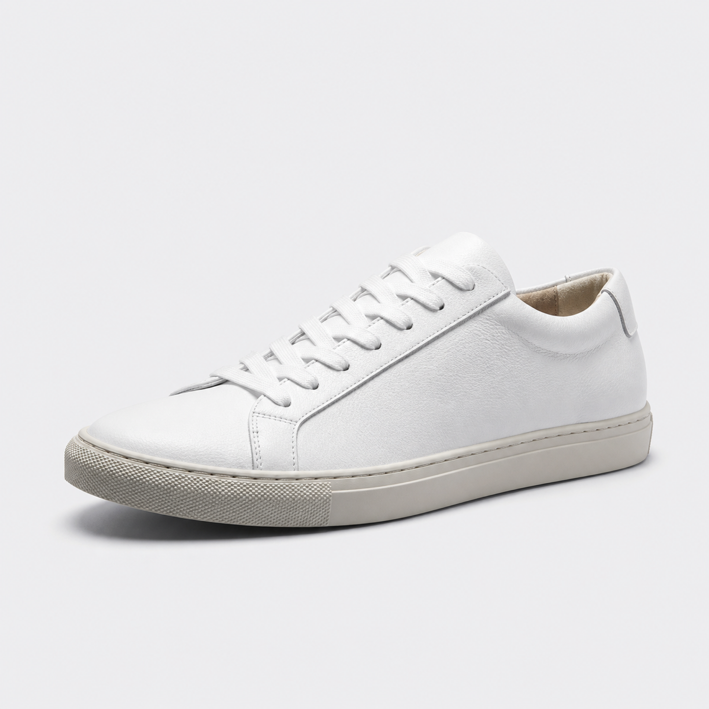 White / Beige Sole classic leather low-top sneaker three-quarter view