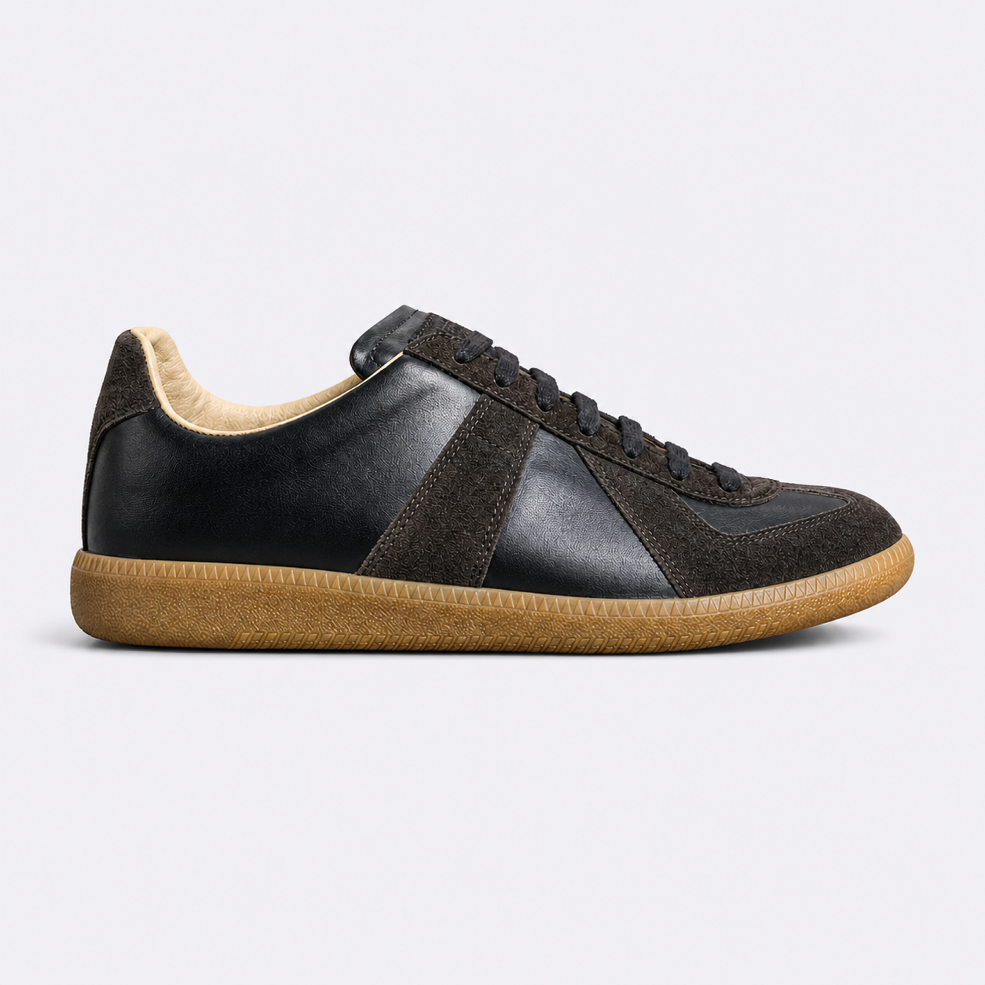 Black Amber Gum GAT leather and suede low-top trainer side view