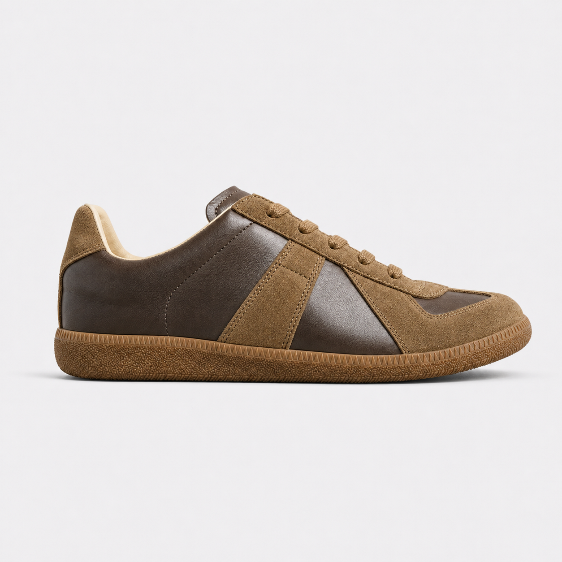 Brown Gum GAT leather and suede low-top trainer side view