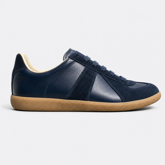 Dark Blue Gum GAT leather and suede low-top trainer side view