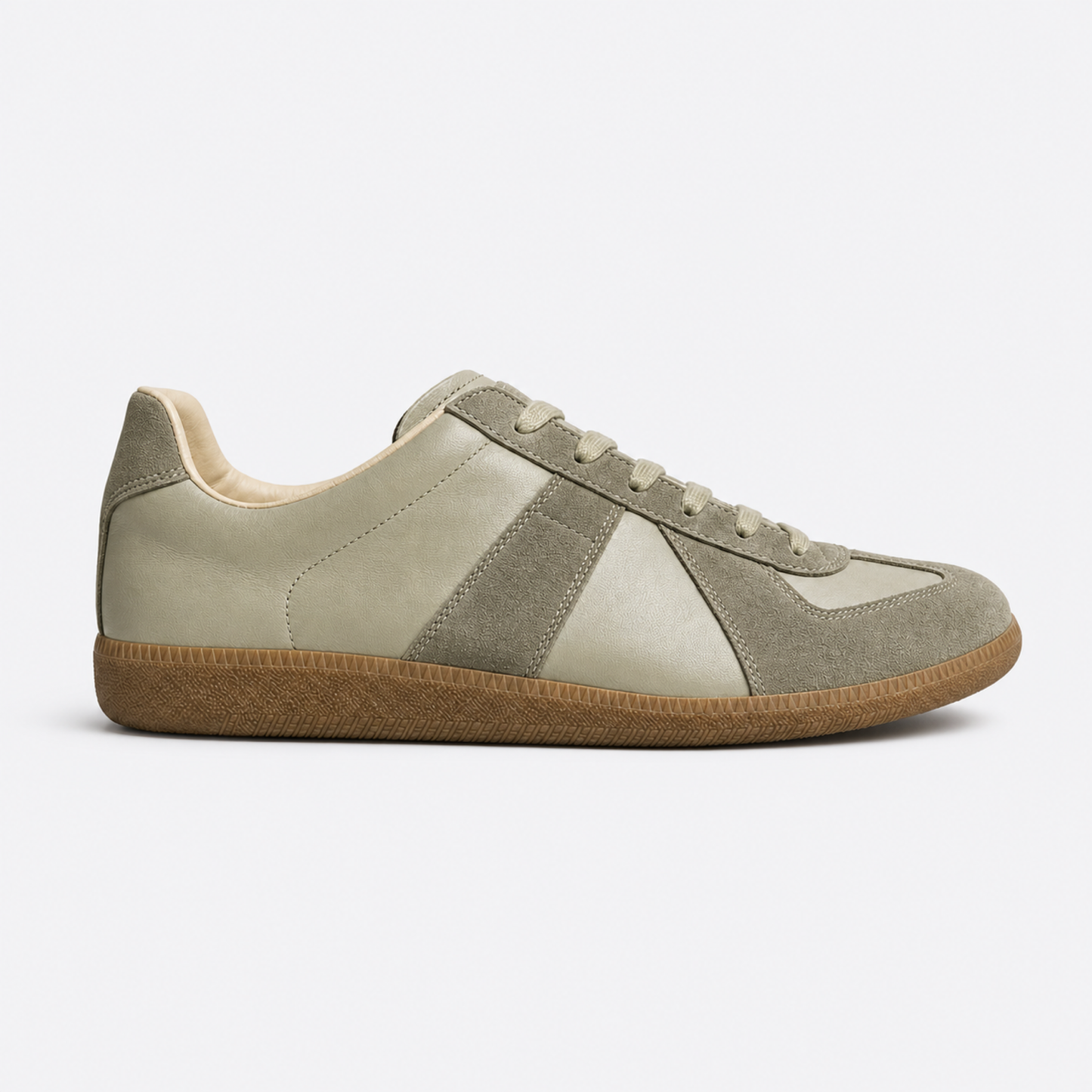 Pale Olive Gum GAT leather and suede low-top trainer side view