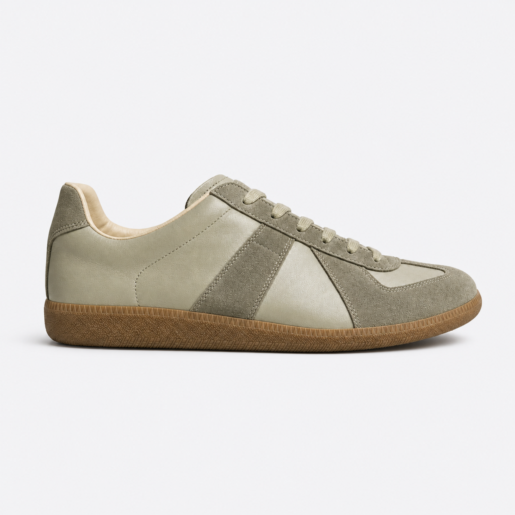 Pale Olive Gum GAT leather and suede low-top trainer side view
