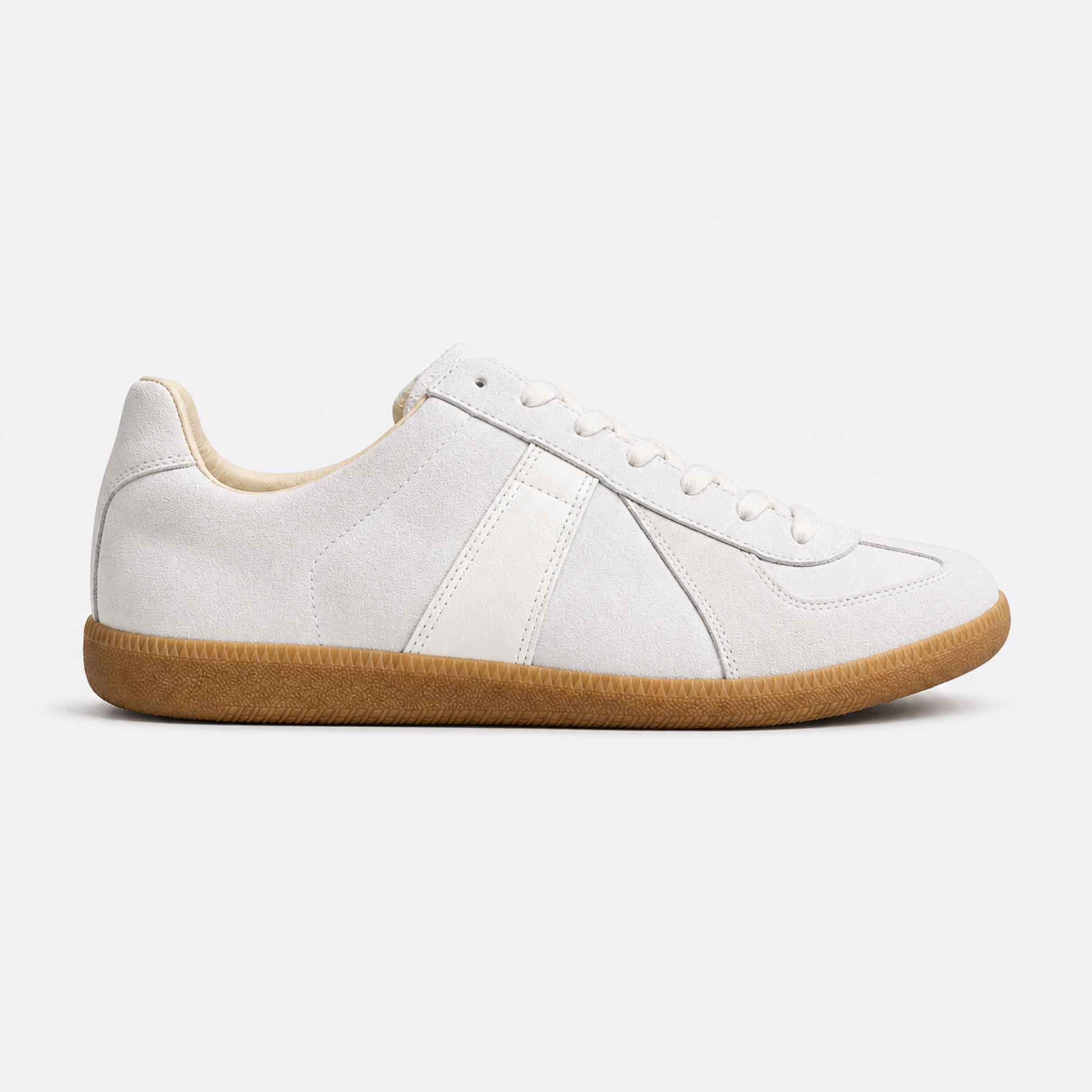 White Suede Gum GAT leather and suede low-top trainer side view